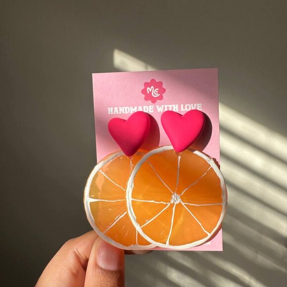 Orange Slice Earrings | Cute Heart Citrus Statement Jewelry - Picture 4 of 4